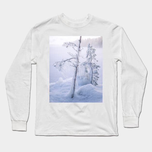 Frozen trees and fog Long Sleeve T-Shirt by Juhku